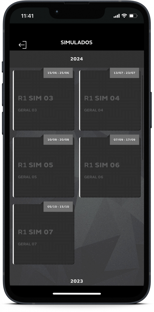 Tela de seleção de simulados do medsoft